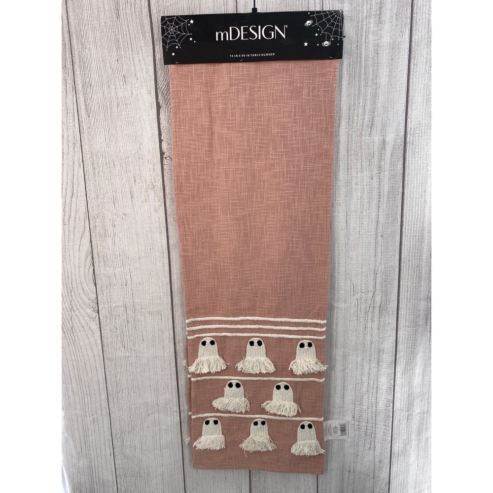 mDESIGN Ghost Table Runner Halloween 15x90 Pink Terracotta Woven Tassel Spooky